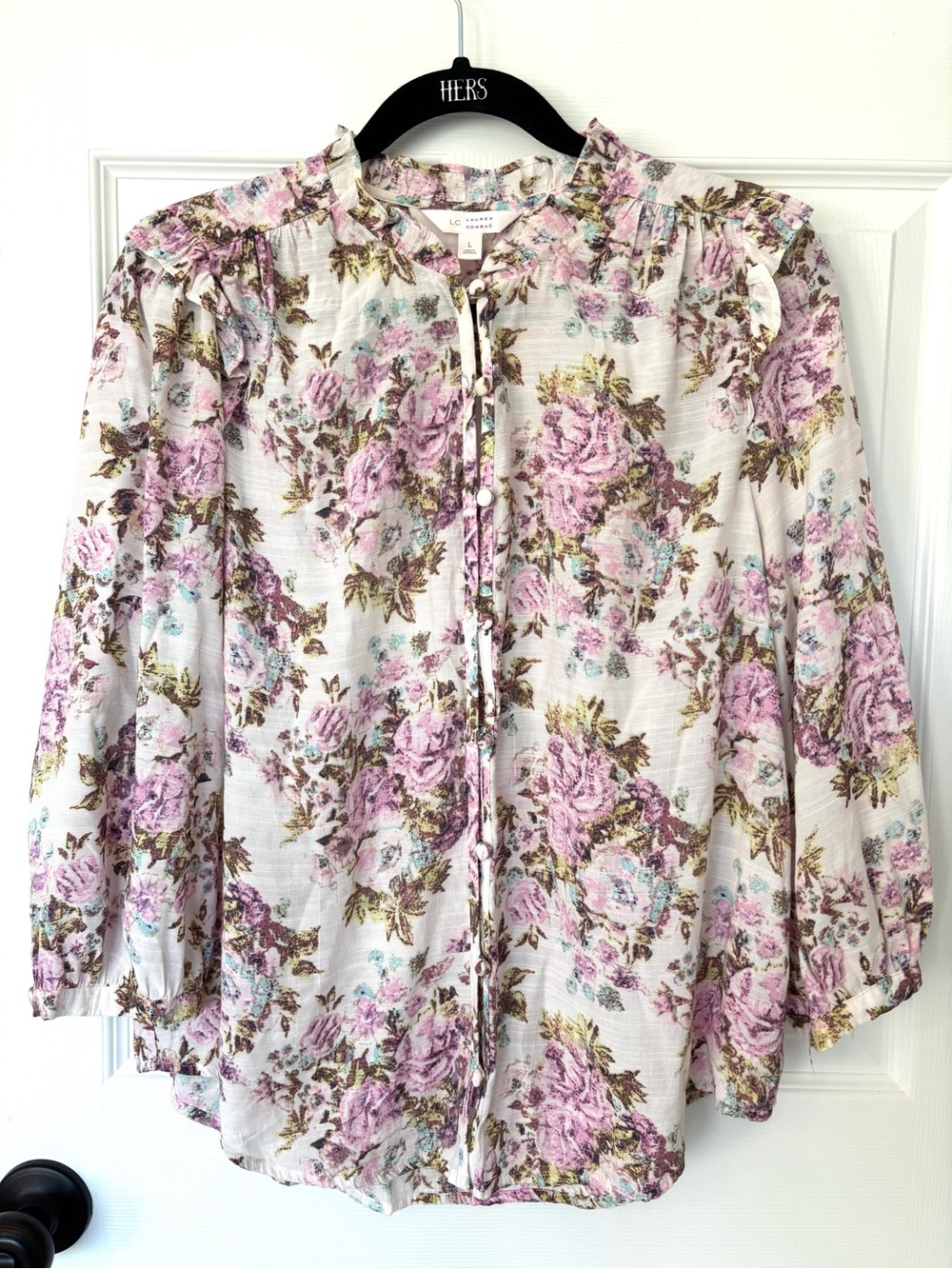 Pastel LC Large Floral Ruffle Blouse Romantic Cottagecore Button Front